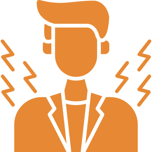 Orange icon of stressed businessman with lightning bolts